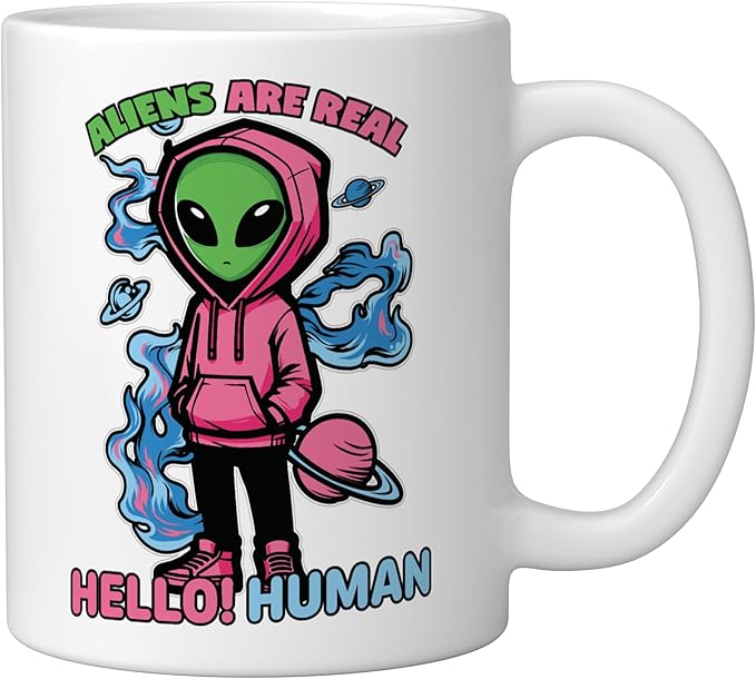 Aliens Are Real UFO Flying Saucer Grey Alien Sci-Fi Art Ceramic Mug, White