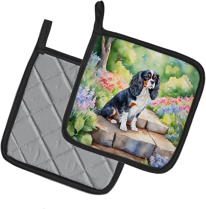 Caroline's Treasures Cavalier Spaniel Spring Path Pair of Pot Holders Kitchen Heat Resistant Pot Holders Sets Oven Hot Pads for Cooking Baking BBQ, 7 1/2 x 7 1/2