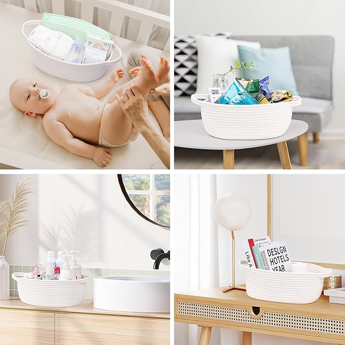 Gift Baskets Empty to Fill 4 Pack, 12x8x5 inch - Small Rectangular Woven Rope Bins for Baby Shower, Bathroom, Decor - With Gifting Wrap Bags & Ribbons - Reusable, Washable - White