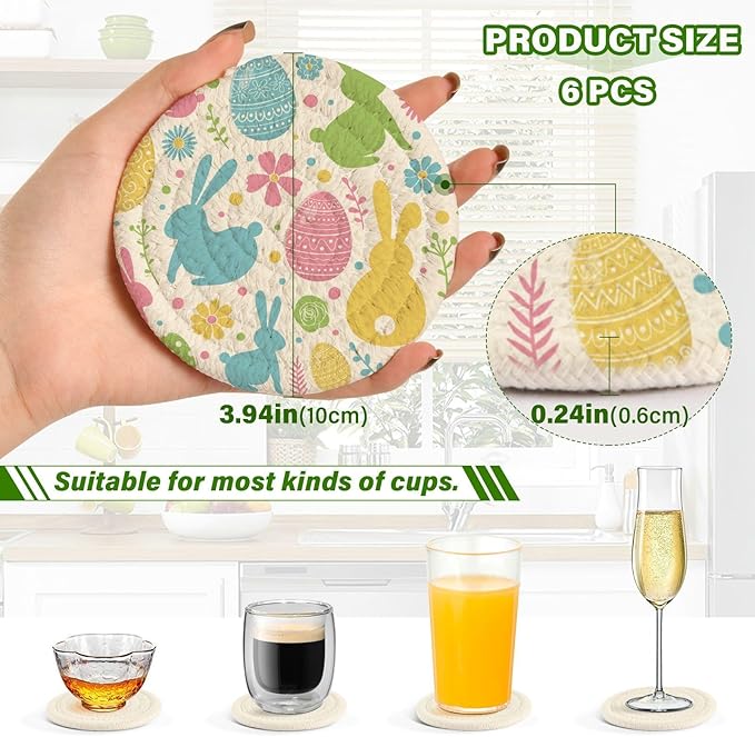 YETTASBIN Easter Bunny Eggs 6 Pcs Drink Coasters with Holder, Cotton Woven Absorbent Heat-Resistant Round Coaster Non-Slip Table Mat for Kitchen Bar Home Decor Housewarming Gift, 3.9 in