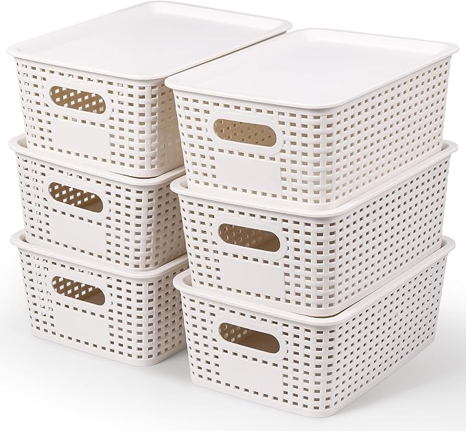 Misty Stream 6pcs Rattan Organiser Box with Lid & Handles Bathroom Kitchen Storage Boxes Plastic Storage Basket for Cupboards Shelves Bathrooms