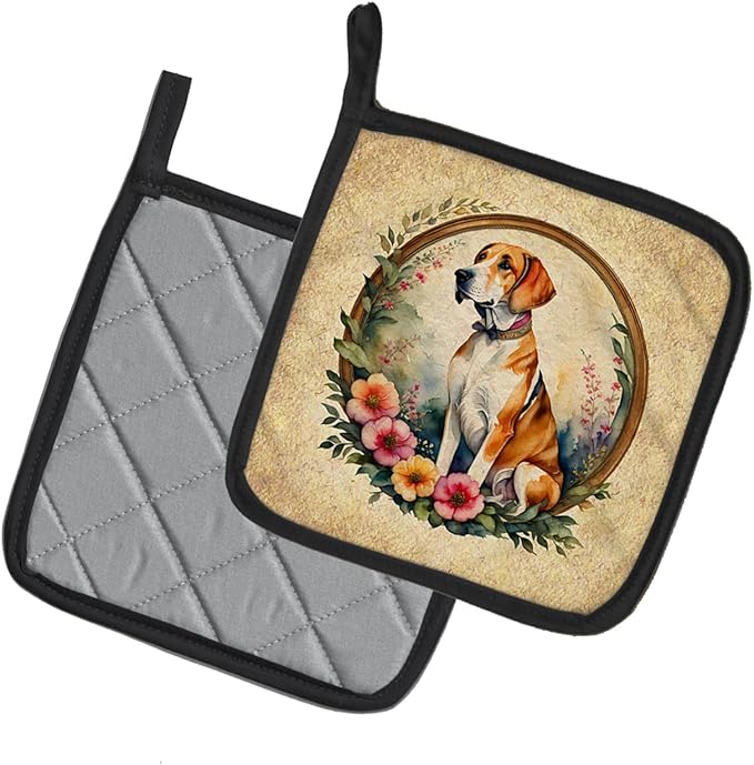 Caroline's Treasures English Foxhound and Flowers Pair of Pot Holders Kitchen Heat Resistant Pot Holders Sets Oven Hot Pads for Cooking Baking BBQ, 7 1/2 x 7 1/2