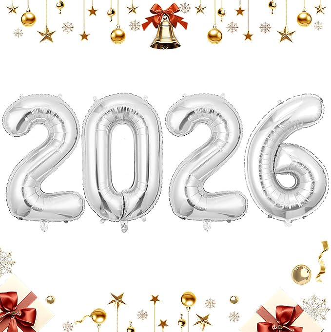 Silver 2026 Balloons, Jumbo 40 Inch Foil 2026 Number Balloons, Grad Balloons for Class of 2026 Graduation Party, Silver Matellic Foil New Year Birthday Home Office Party Supplies