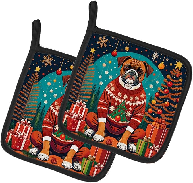 Caroline's Treasures Boxer Christmas Pair of Pot Holders Kitchen Heat Resistant Pot Holders Sets Oven Hot Pads for Cooking Baking BBQ, 7 1/2 x 7 1/2