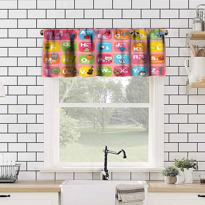 ABC Valance Curtain, Cute Pink Educational Alphabet A to Z Kids Boys Girls Window Treatment for Kitchen Bedroom Nursery Classroom, 54x18Inch