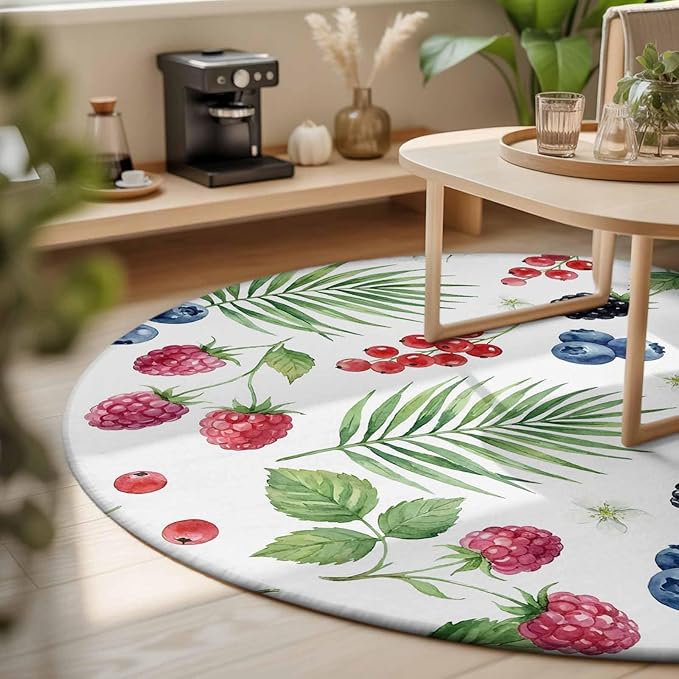 Washable Round Area Rug Farm Fruit Berry Cherry Blueberry Circle Rugs Floor Carpet for Living Room Bedroom, Watercolor Mulberry Leaves Soft Non Slip Round Rug 3ft