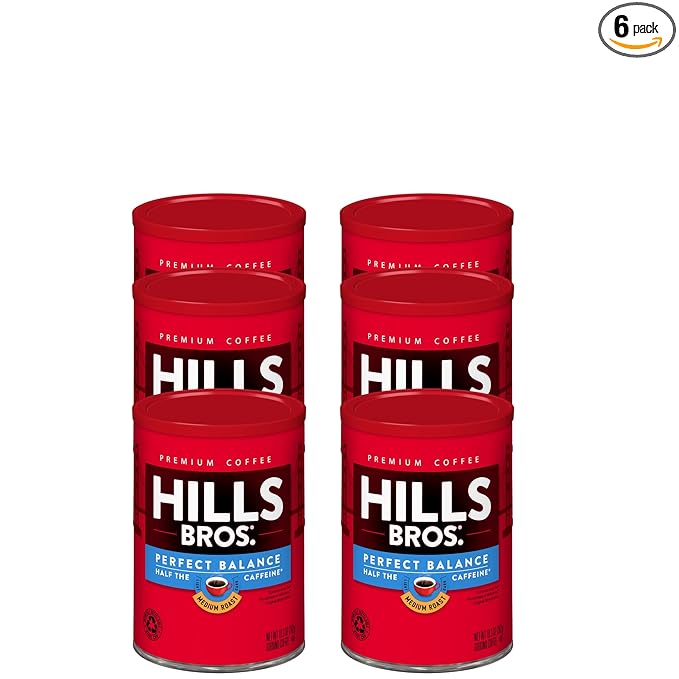 Hills Bros. Perfect Balance Ground Coffee – Premium Arabica Coffee Beans – Medium Roast, Rich Flavor Cup After Cup – Recyclable Steel Can for Freshness – Certified Kosher – 10.3oz Can, Pack of 6
