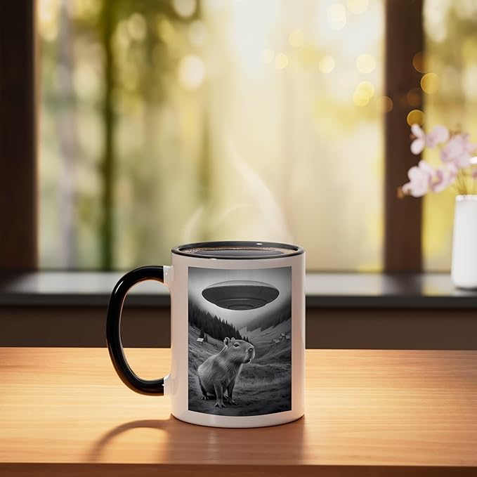 Vintage Capybara UFO Abduction Surreal Ironic Meme Ceramic Mug, Black/White