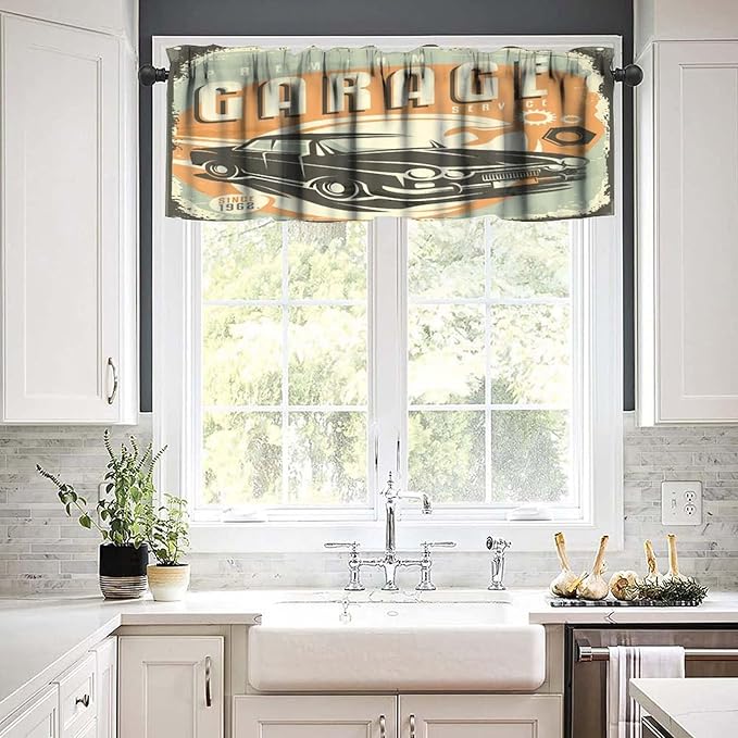 Man Cave Valances Curtains Promotional Retro Design Auto Mechanic Car Service Style Concept Nostalgic Vehicle Windows Short Curtain Valance for Kitchen Bedroom with Rod Pocket, 1 Panel 54X18 Inches