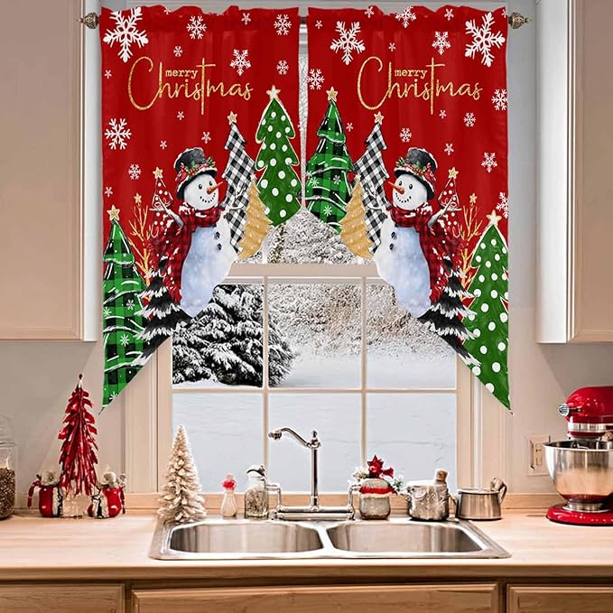 Merry Christmas Swag Valance Curains Snowflake Green Xmas Tree Snowman Red Rod Pocket Kitchen Curtains Scalloped Window Treatment Valances Swag for Living Room Bedroom, 1 Pair, 36"W x 45"L