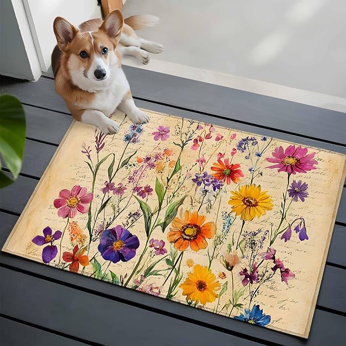 Area Rug 2x3ft, Farmhouse Colorful Small Flower Washable Rugs for Living Room Bedroom, Retro Backdrop Seamless Soft Non-Slip Area Rugs Rectangle Floor Carpet for Dining Room