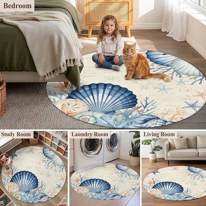 Washable Round Area Rug Summer Blue Shells Starfish Circle Rugs Floor Carpet for Living Room Bedroom, Vintage Coral Shells Fish Soft Non Slip Round Rug 4ft