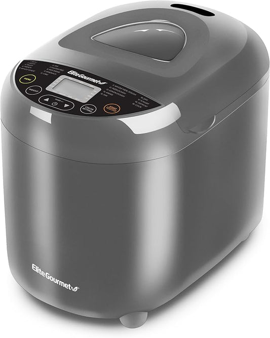 Elite Gourmet Programmable Bread Maker with PFAS-Free CERALAST™ Ceramic Pan, 2 lb Loaf, 19 Presets incl. Gluten-Free, 3 Sizes, Delay Timer, Steel Gray