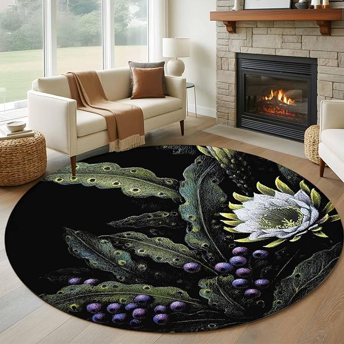 Washable Round Area Rug Watercolor Flower Berry Leaves Circle Rugs Floor Carpet for Living Room Bedroom, Botanical Plant Dark Style Soft Non Slip Round Rug 5ft