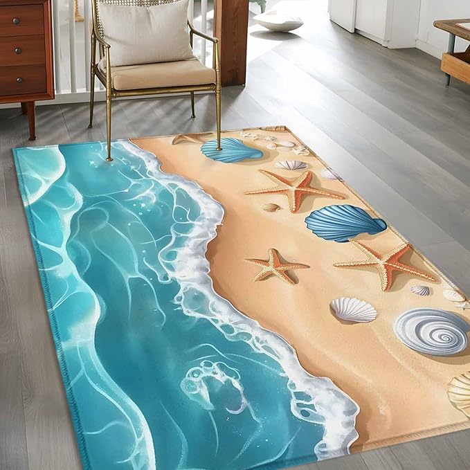 Area Rug 4x6ft, Summer Beach Shell Starfish Washable Rugs for Living Room Bedroom, Marine Life Cartoon Style Soft Non-Slip Area Rugs Rectangle Floor Carpet for Dining Room