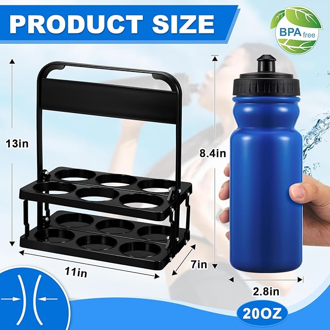 Suclain Water Bottle Carrier with 20 Oz Bottles and Stickers Plastic Wide Mouth Sports Water Bottle Squeeze Team Bottles with Black Lid for Fitness Bike Gym(14 Pcs,Dark Blue)