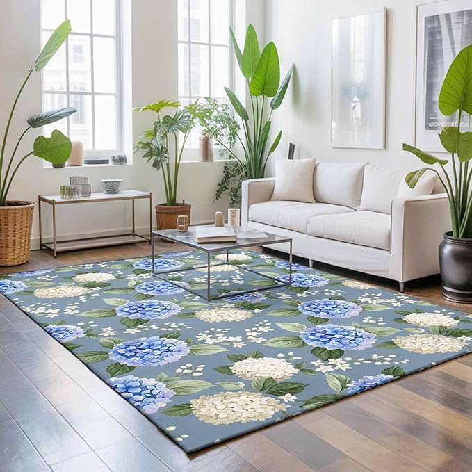 Area Rug 4x6ft, Watercolor Purple White Hydrangea Washable Rugs for Living Room Bedroom, Spring Flower on Gray Blue Soft Non-Slip Area Rugs Rectangle Floor Carpet for Dining Room