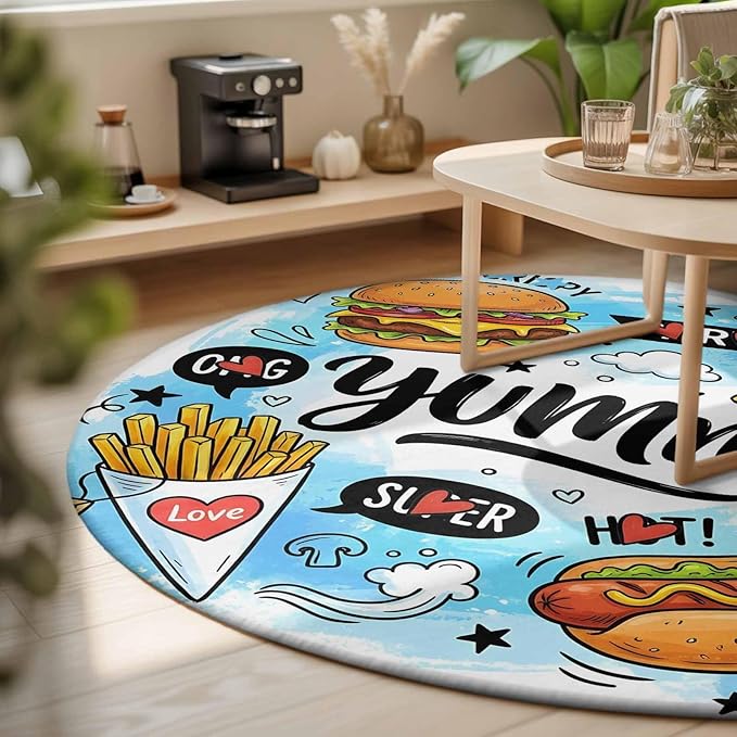 Washable Round Area Rug Cartoon Food Abstract Graffiti Circle Rugs Floor Carpet for Living Room Bedroom, Blue Sky with Clouds Soft Non Slip Round Rug 3ft