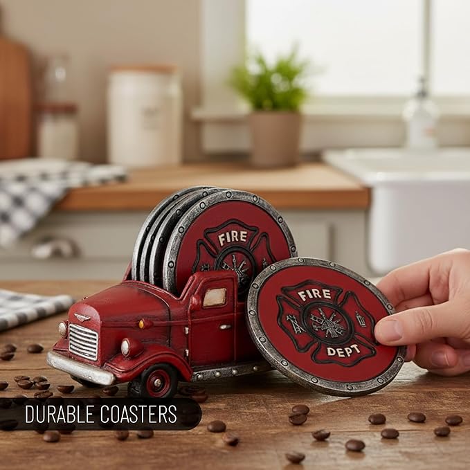 Fire Truck Coaster Set of 5 - Firefighter Kitchen Table Coasters Set Rustic Home Decor Living Room - Firefighter Coaster Sets with Holder Dining Room Decor and Accessories
