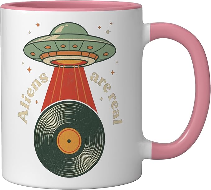 Vintage UFO Abduction Vinyl Record Player Retro Music Lover Ceramic Mug, Pink/White