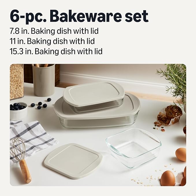 Amazon Basics Glass Baking Dishes with BPA-Free Lids, 6-Piece Bakeware Set, Borosilicate Glass, Oven-Safe up to 752°F, Non-Slip and Stackable, Dishwasher-Safe, Linen Gray