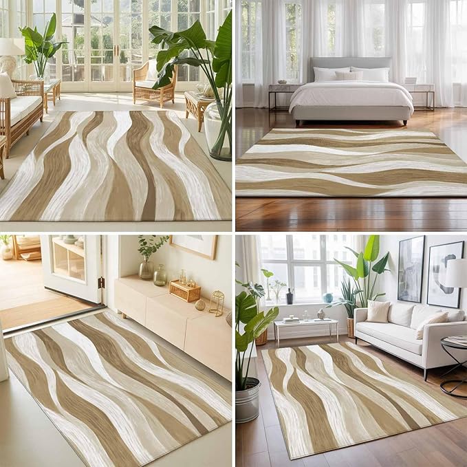 Area Rug 3x5ft, Modern Brown Ombre Ocean Wave Washable Rugs for Living Room Bedroom, Abstract Gradient Stripe Soft Non-Slip Area Rugs Rectangle Floor Carpet for Dining Room