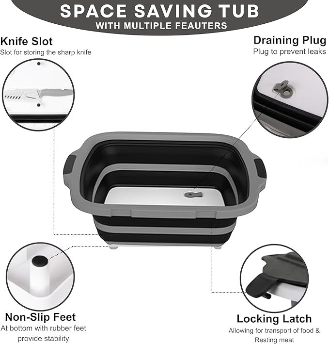 Collapsible BBQ Prep Tub 16L Black | Portable Meat Marinating Container with Locking Cutting Board Lid, BBQ Tongs, Grill Mesh, Silicone Brush & 3 Roasting Sticks for Camping & Outdoor Grilling