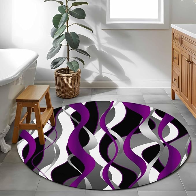 Washable Round Area Rug Abstract Purple Gray Black White Stripes Circle Rugs Floor Carpet for Living Room Bedroom, Modern Lines Soft Non Slip Round Rug 4ft