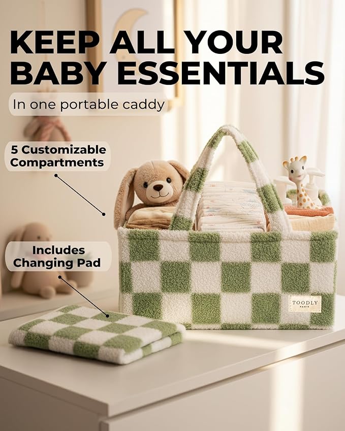 Checkered Diaper Caddy Organizer with Portable Changing Mat - Teddy Fleece Diaper Organizer for Changing Table - Caddy Organizer with Removable Dividers - Green and White