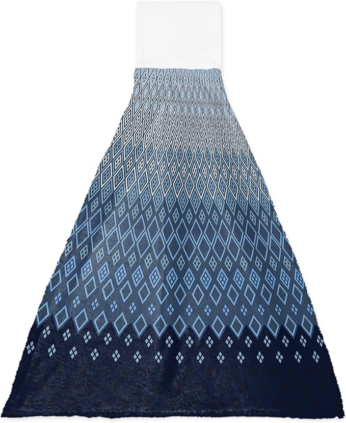 Alandar Home Kitchen Tie Towel Set of 1, Geometric Art Diamond Checker Absorbent Soft Hand Towels for Bathroom Hanging Towels, Modern Blue Ombre Gradient Fast Drying Cleaning Cloth with Loop