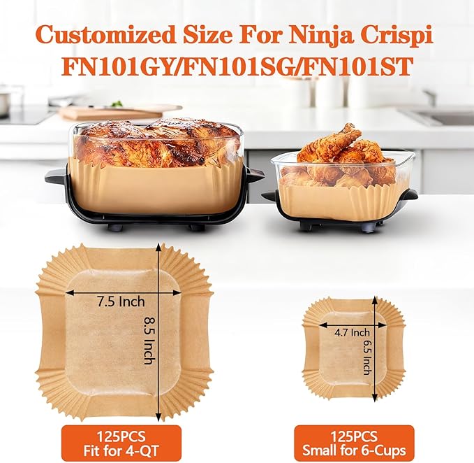 UBeesize Parchment Liners for Ninja Crispi Air Fryer, Disposable 250 (125+125) PCS Ninja Crispi Accessories for Ninja Crispi 4-in-1 Portable Glass, Non-Stick Unbleached Paper Liners
