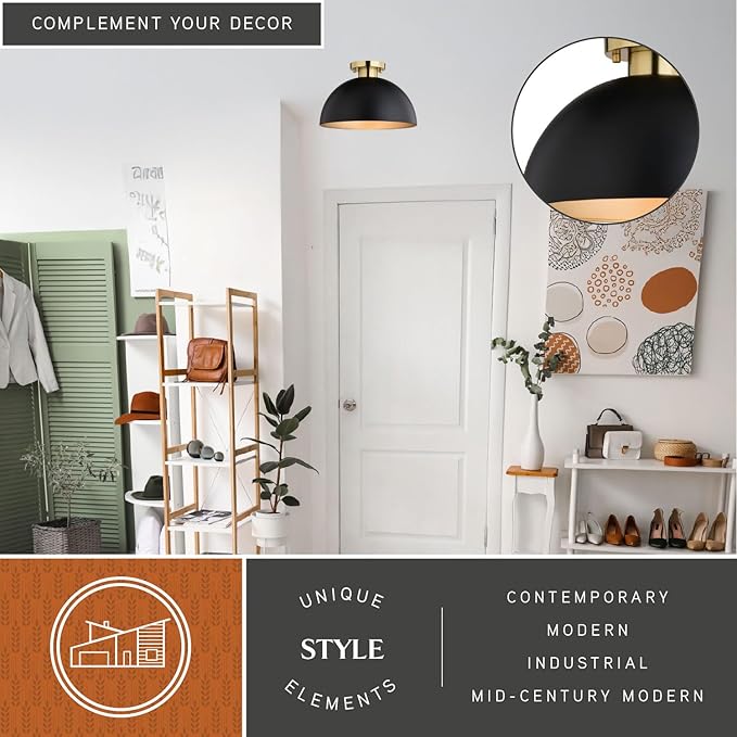 VAXCEL Devon 12.75 inch Matte Black and Satin Brass Semi Flush Ceiling Light, Mid-Century Modern Design, Large Open Dome, Dimmable, E26 LED Compatible, Mounting Hardware Included