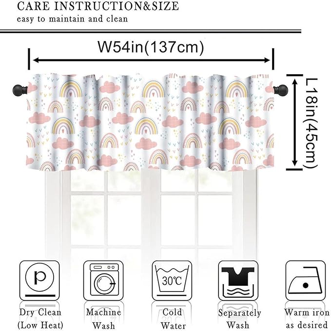 Rainbow Cloud Valance for Kids Girls Boys, Sweet Pink Boho Rainbow Arch Short Rod Pocket Window Treatment for Kitchen Bedroom Living Room Nursery Party, 54x18Inch