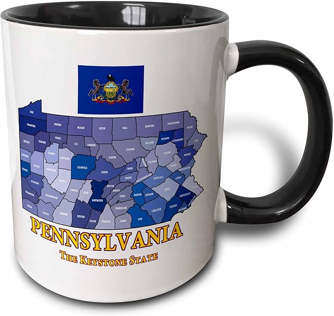 3dRose mug_212838_4 Map, Flag and nickname of Pennsylvania, counties colored and labeled - Two Tone Black Mug, 11oz