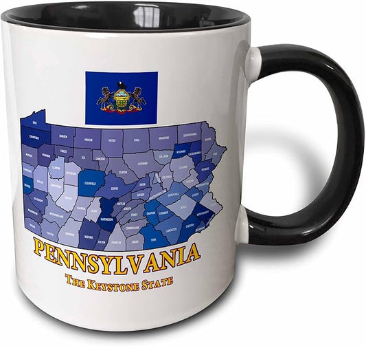 3dRose mug_212838_4 Map, Flag and nickname of Pennsylvania, counties colored and labeled - Two Tone Black Mug, 11oz