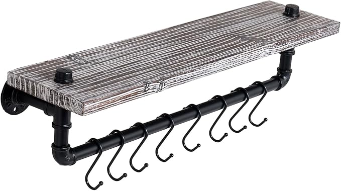 MyGift Wall Mounted Kitchen Pot Rack, Rustic Torched Wood Floating Display Shelf and Industrial Matte Black Metal Pipe Towel Bar and Hanging Cooking Pots and Pans Organizer with 8 S-Hooks