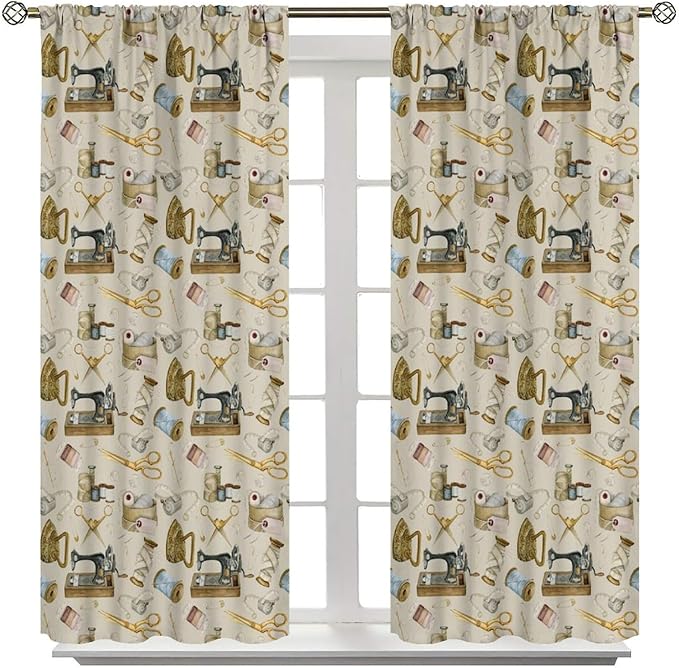 Sewing Theme Curtain,Sewing Machine Pattern for Girls Teens Women Adult Window Treatment Curtains for Bedroom Cafe Dining Room Office Living Room Kitchen Drapes, 42x63 in