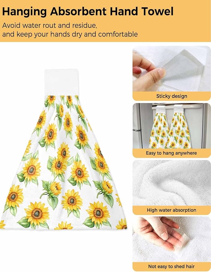 Alandar Home Kitchen Tie Towel Set of 2, Yellow Sunflower Farm Green Plant Absorbent Soft Hand Towels for Bathroom Hanging Towels, Summer Blossom Floral Fast Drying Cleaning Cloth with Loop