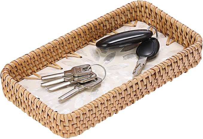 Decorative Key Basket for Entryway Small Handwoven Rattan Tray Rectangular Key Holder Tray Wicker Basket Organizer for Keys Remote Control Jewelry, White