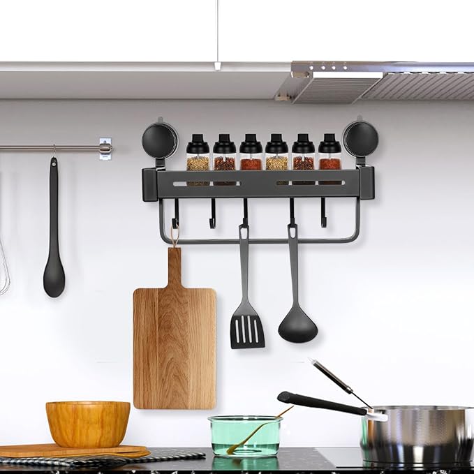 GLEAVI Suction Cup Kitchen Shelf Rack Gray Wall-mount Spice Rack Organizer with Hooks for Pantry Storage and Kitchen Sink Organization