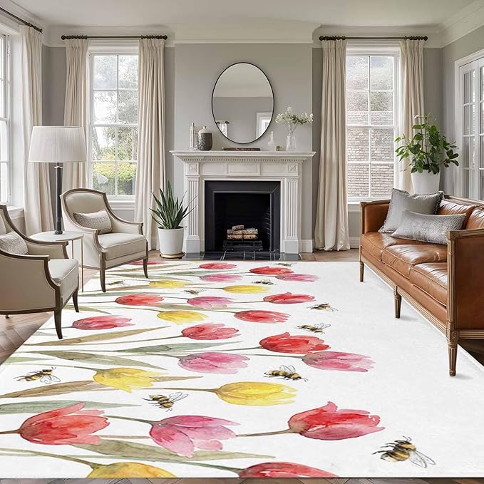 Area Rug 8x10ft, Red Pink Yellow Tulips Bees Washable Rugs for Living Room Bedroom, Watercolor Flower Leaves Soft Non-Slip Area Rugs Rectangle Floor Carpet for Dining Room