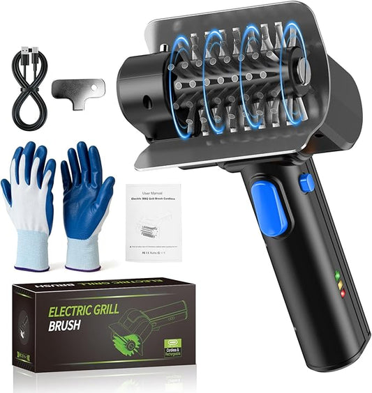 Electric Grill Brush with Dual Safety Lock - 2026 TikTok Ideal Gift for Men Dad Husband, Professional BBQ Cleaner with Submersible 304 SS Head, Splash-Proof Scrubber for Grill (Blue Button)
