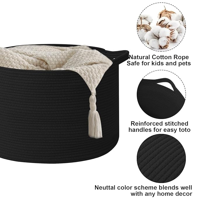 115L Extra Large Blanket Basket,Woven Rope Laundry Basket Hamper with Handles, Decorative Nursery Basket Storage Bin for Toys, Clothes Organizer, Living Room, Bedroom, Bathroom, Black