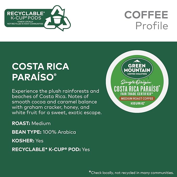 Green Mountain Coffee Roasters Costa Rica Paraiso, Single-Serve Keurig K-Cup Pods, Medium Roast Coffee Pods, 96 Count