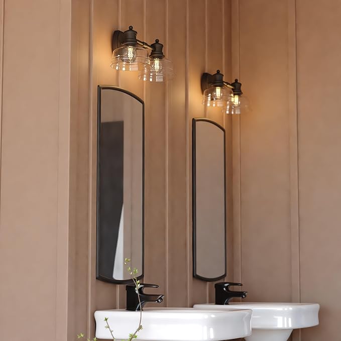 VAXCEL Beloit 2-Light 17 inch Wide Matte Black Farmhouse Bathroom Vanity Lighting Fixture, Clear Seeded Glass Shade, Dimmable, LED Compatible, Over The Mirror Mounted Metal Wall Sconce
