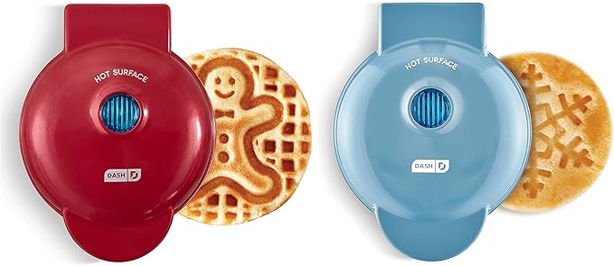 Dash Mini Waffle Maker- Mini Machine for Creative Homemade Treats - Nonstick Iron with Unique Print Design - Stylish Waffle Machine - Holiday 2-Pack - Red & Metallic Blue