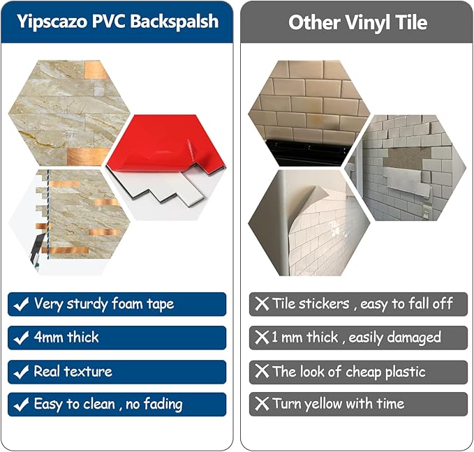 Yipscazo 5 Sheets Peel and Stick Stone Metal Tile Backsplash, Stick on Tiles for Backsplash Kitchen, Bathroom, Laundry Room, Camper, Fireplace (12'' X 12'', Polished Beige)