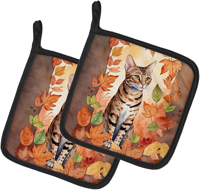 Caroline's Treasures Ocicat Cat in Fall Leaves Pair of Pot Holders Kitchen Heat Resistant Pot Holders Sets Oven Hot Pads for Cooking Baking BBQ, 7 1/2 x 7 1/2