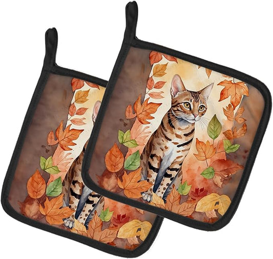 Caroline's Treasures Ocicat Cat in Fall Leaves Pair of Pot Holders Kitchen Heat Resistant Pot Holders Sets Oven Hot Pads for Cooking Baking BBQ, 7 1/2 x 7 1/2
