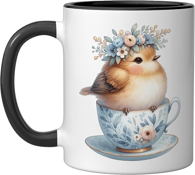 Cute Bird Floral Teacup Illustration Ceramic Mug, Black/White